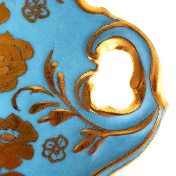 Hand Painted Vintage Cake Plate Handles Blue and Gold - Picture 10 of 10